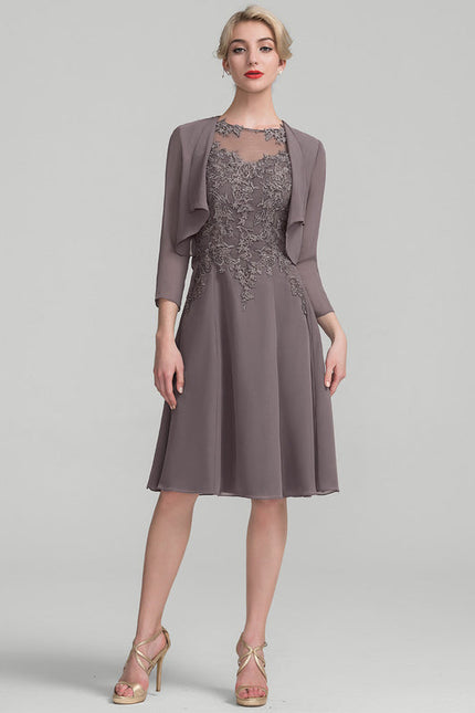 Robe Midi Taupe Col Rond Dentelle - gallery 1