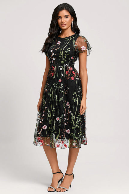 Robe Midi Fleurie Noire - gallery 2