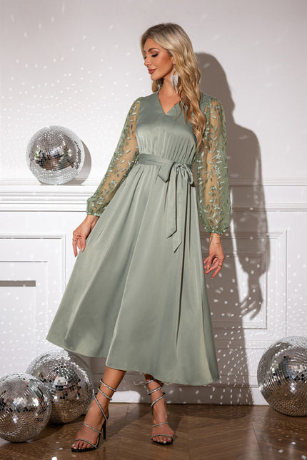 Robe Midi Satin Verte À Manches Brodées - gallery 3