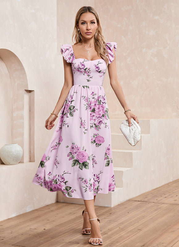Robe Midi Rose À Volants - gallery 5
