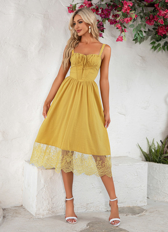 Robe Midi Midi Dentelle Jaune - gallery 5