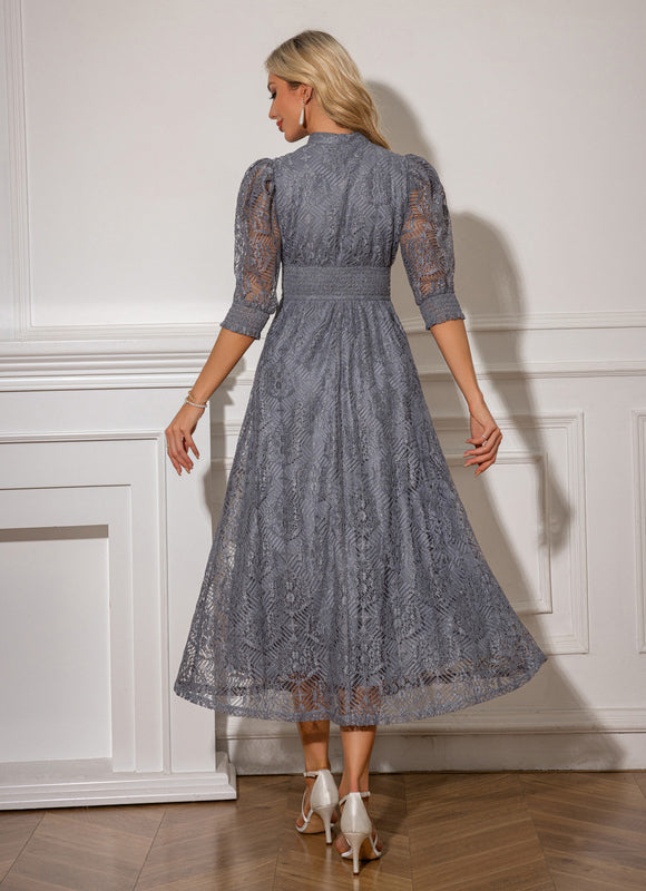 Robe Midi Grise En Dentelle - gallery 2