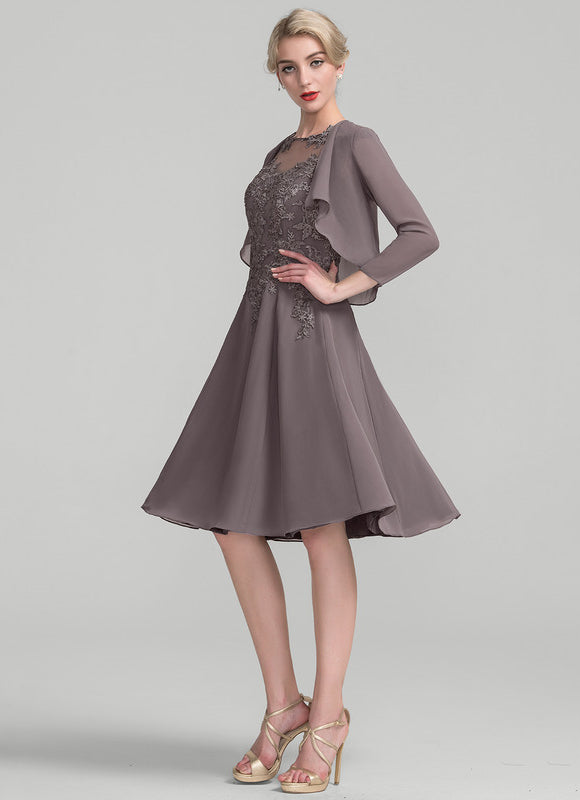 Robe Midi Taupe Col Rond Dentelle - gallery 3