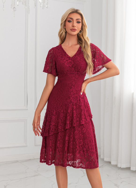 Robe Midi Dentelle Bordeaux