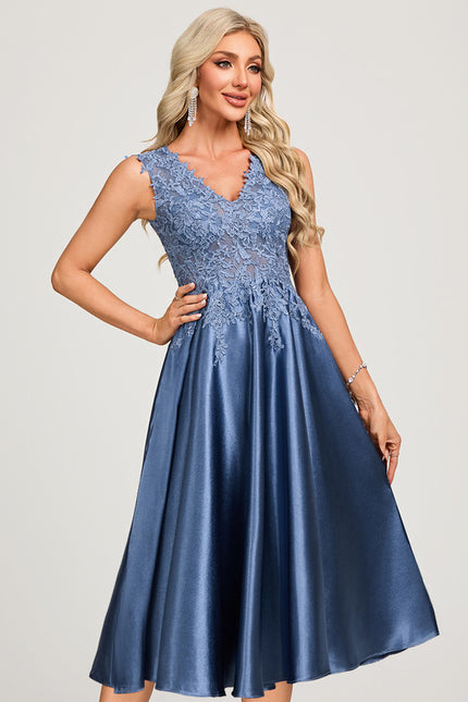 Robe Midi Col V Dentelle Bleu - gallery 2