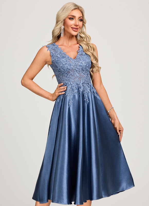 Robe Midi Col V Dentelle Bleu - gallery 2