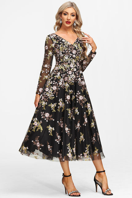 Robe Midi Élegante Noir Floral - gallery 4