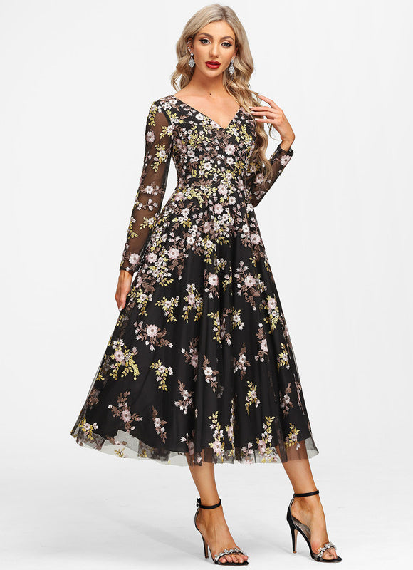 Robe Midi Élegante Noir Floral - gallery 4