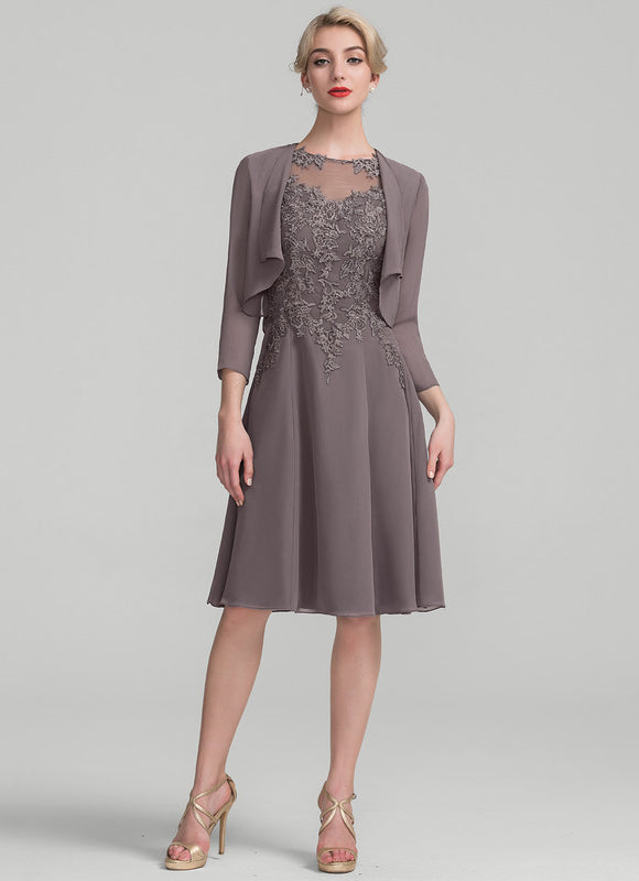 Robe Midi Taupe Col Rond Dentelle - gallery 1