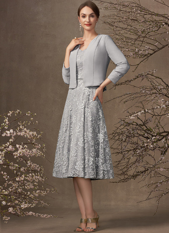 Robe Midi Dentelle Grise - gallery 1