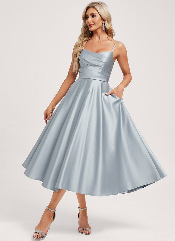 Robe Midi Satinée Bleu Clair - gallery 2