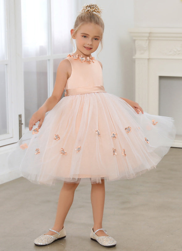 Robe Midi Satinée Pêche Tulle Fleuri - gallery 1