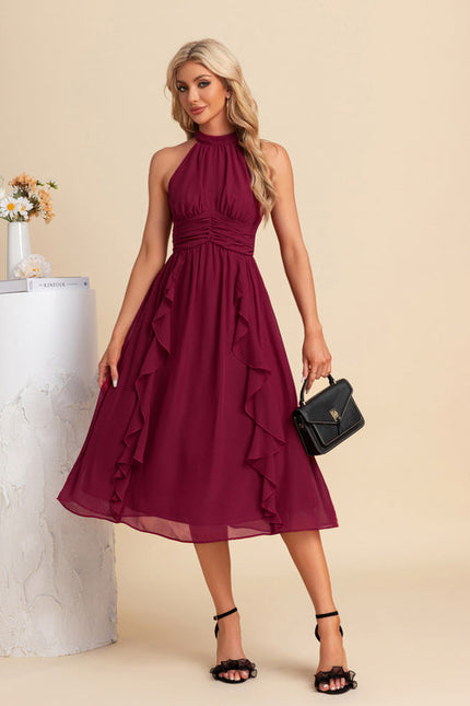 Robe Midi Trapèze Volants Bordeaux - gallery 5