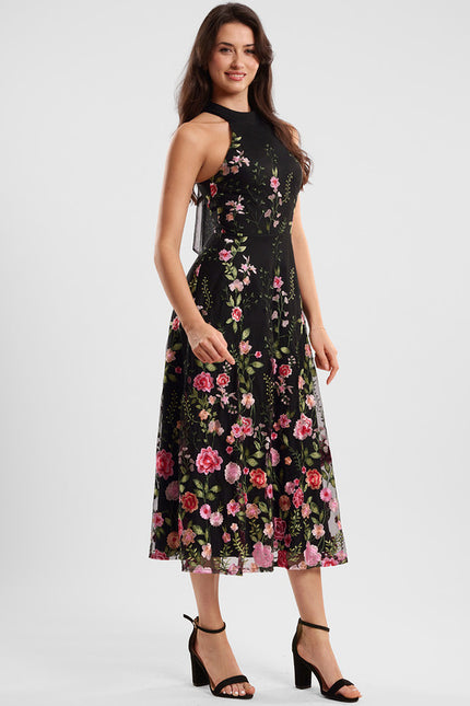 Robe Midi Noire Florale Élégante - gallery 2
