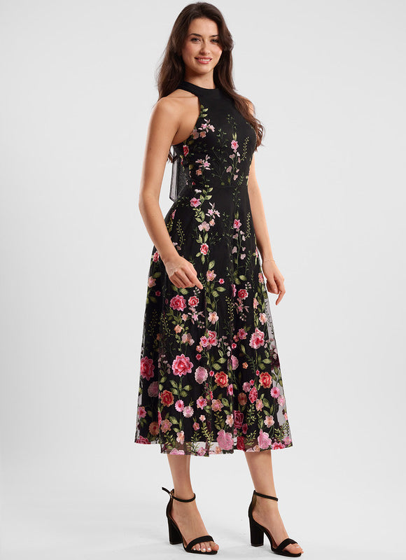 Robe Midi Noire Florale Élégante - gallery 2