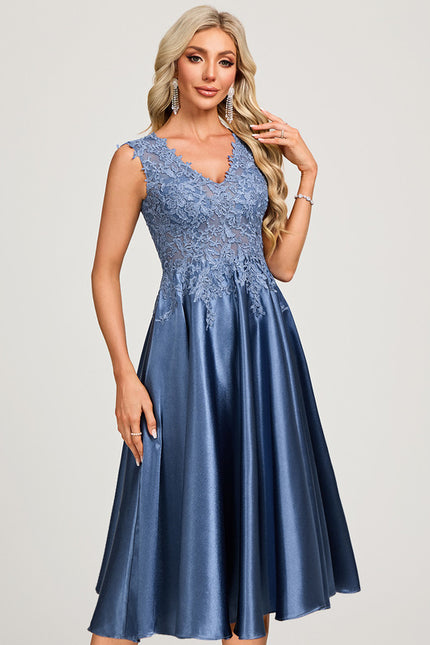 Robe Midi Col V Dentelle Bleu - gallery 4