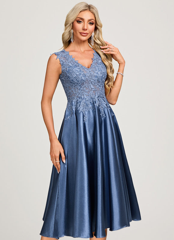 Robe Midi Col V Dentelle Bleu - gallery 4