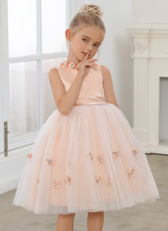 Robe Midi Satinée Pêche Tulle Fleuri