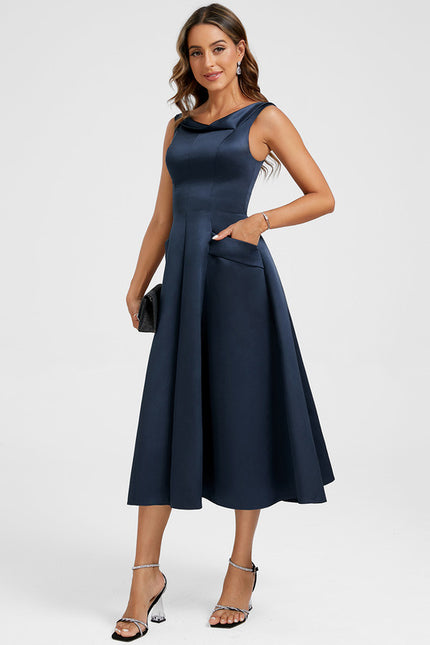 Robe Midi Satin Bleu Nuit - gallery 3