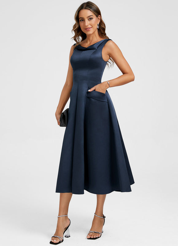 Robe Midi Satin Bleu Nuit - gallery 3