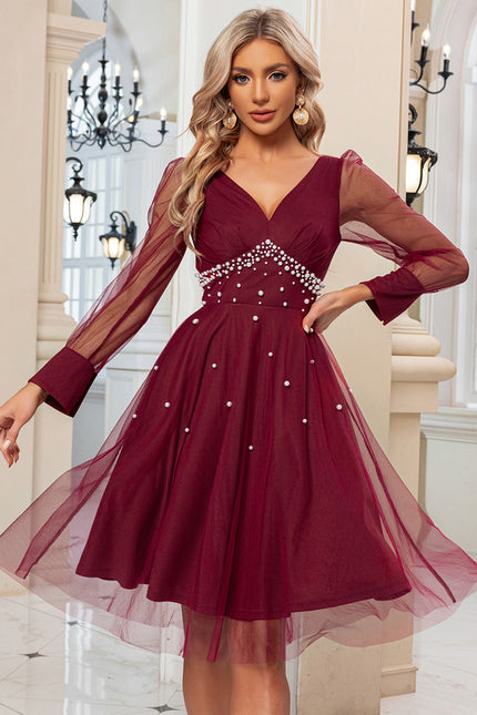 Robe Midi Bordeaux Tulle Perlée