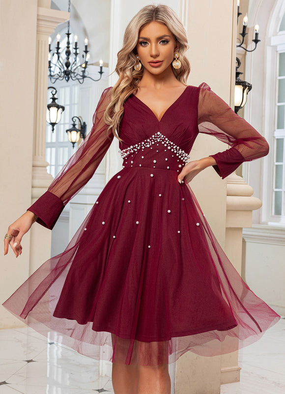 Robe Midi Bordeaux Tulle Perlée
