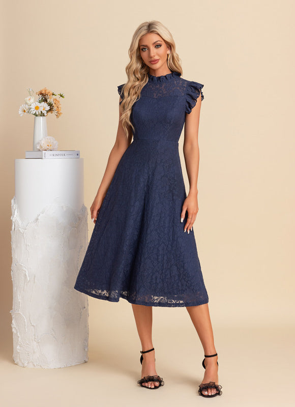 Robe Midi Grise En Dentelle - gallery 4