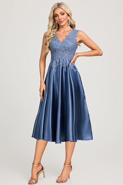Robe Midi Col V Dentelle Bleu - gallery 1
