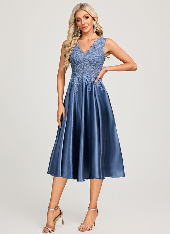 Robe Midi Col V Dentelle Bleu - gallery 1
