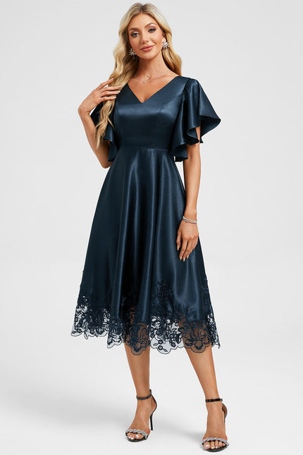 Robe Midi Col V Dentelle Bleu - gallery 5