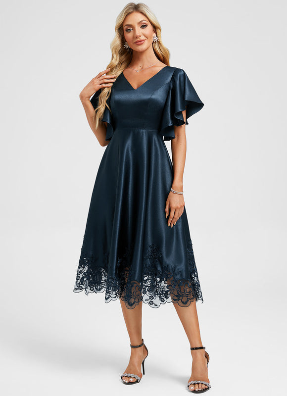 Robe Midi Col V Dentelle Bleu - gallery 5