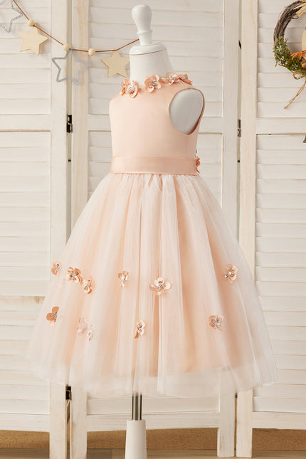 Robe Midi Satinée Pêche Tulle Fleuri - gallery 8