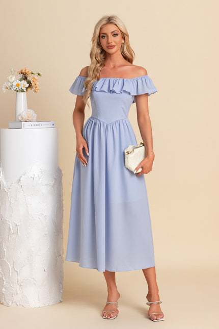 Robe Midi Bleu Ciel À Volants - gallery 6