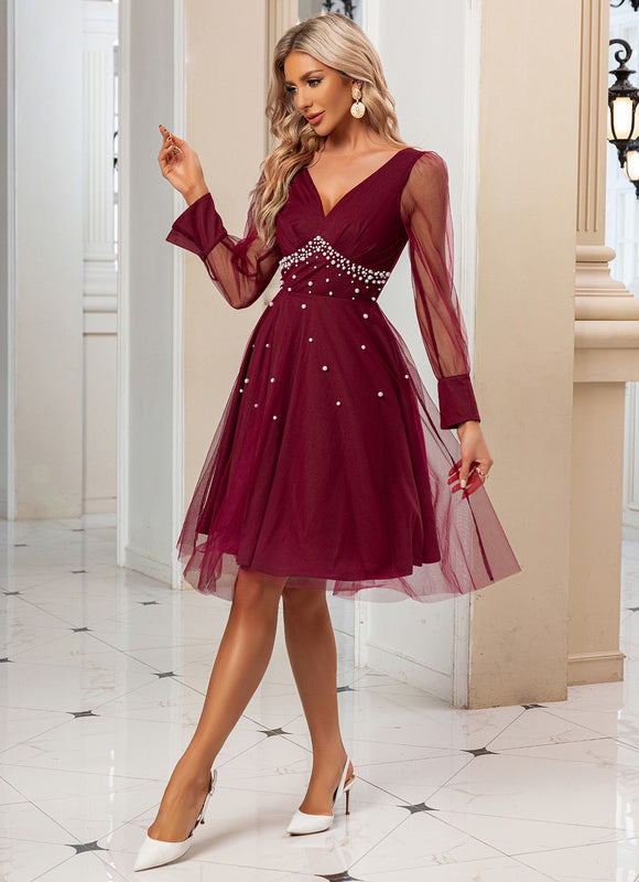 Robe Midi Bordeaux Tulle Perlée - gallery 6