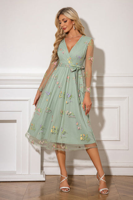 Robe Midi Tulle Brodée Émeraude