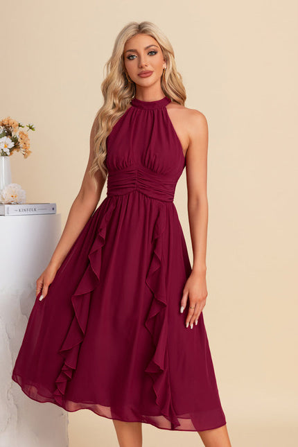 Robe Midi Trapèze Volants Bordeaux - gallery 4