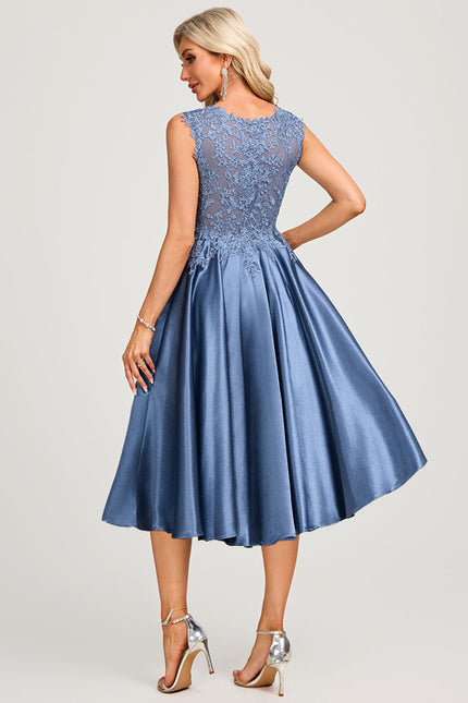 Robe Midi Col V Dentelle Bleu - gallery 5