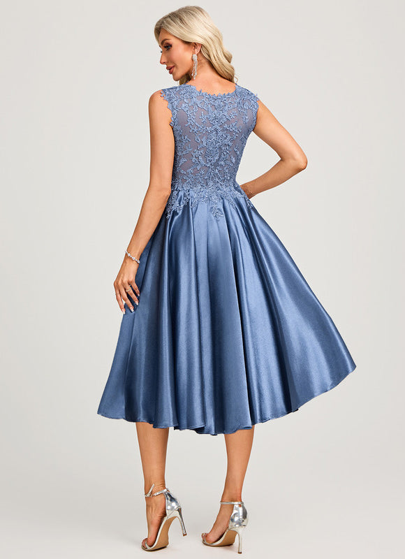 Robe Midi Col V Dentelle Bleu - gallery 5