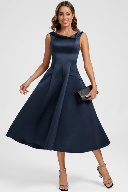 Robe Midi Satin Bleu Nuit - gallery 2