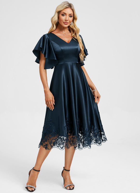 Robe Midi Col V Dentelle Bleu