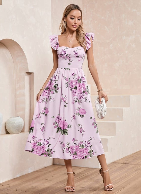 Robe Midi Rose À Volants - gallery 1