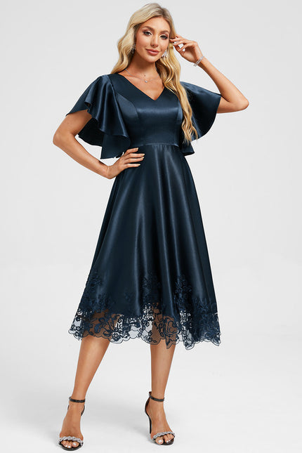 Robe Midi Col V Dentelle Bleu - gallery 1