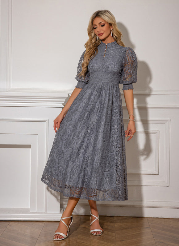 Robe Midi Grise En Dentelle - gallery 4