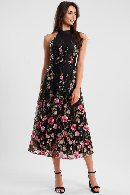 Robe Midi Noire Florale Élégante