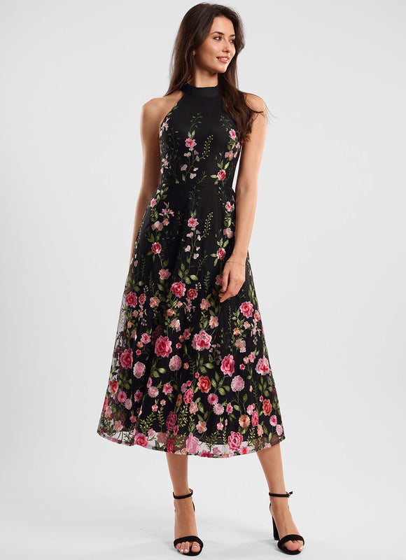 Robe Midi Noire Florale Élégante