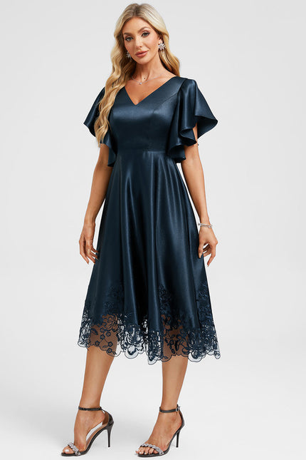 Robe Midi Col V Dentelle Bleu - gallery 4