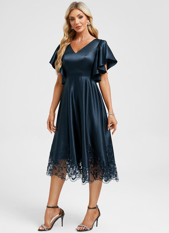 Robe Midi Col V Dentelle Bleu - gallery 4