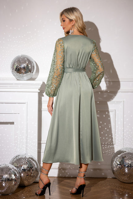 Robe Midi Satin Verte À Manches Brodées - gallery 1