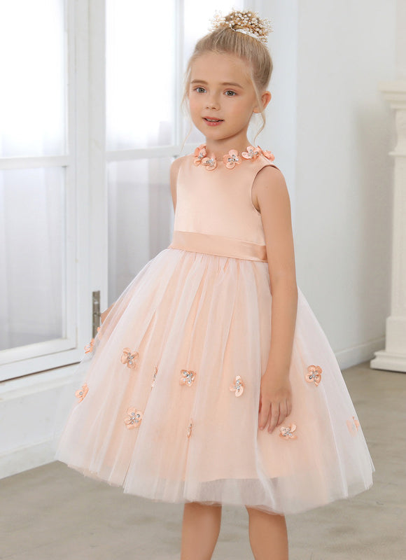 Robe Midi Satinée Pêche Tulle Fleuri - gallery 4