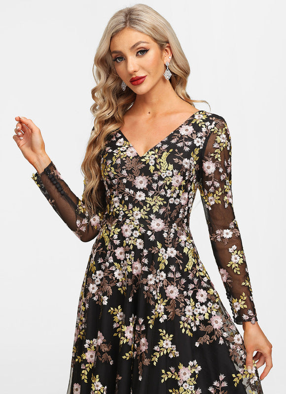 Robe Midi Élegante Noir Floral - gallery 1